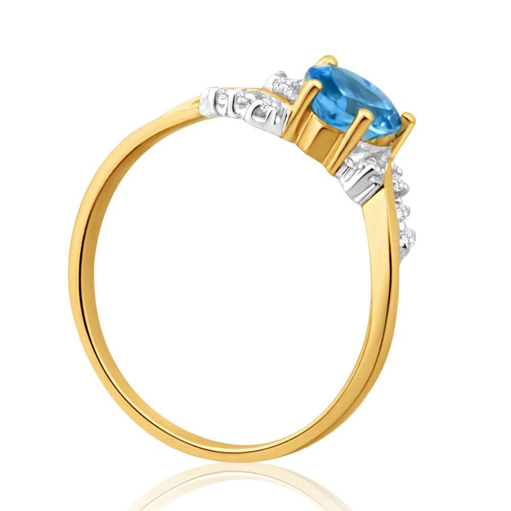 9ct Yellow Gold Heart Blue Topaz + 8 Diamond Ring