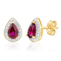 9ct Yellow Gold Created Ruby and Diamond Pear Halo Studs