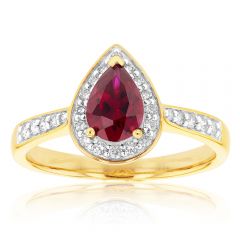 9ct Yellow Gold 7x5mm Created Ruby and Diamond Pear Halo Ring