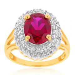9ct Yellow Gold 8x10mm Created Ruby + Diamond Halo Ring