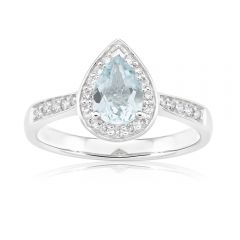 9ct White Gold Pear Cut Aquamarine + Diamond Ring