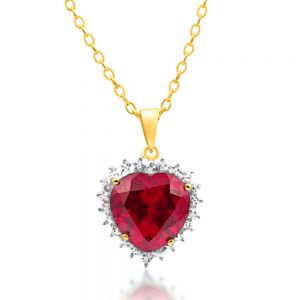 9ct Yellow Gold Created Ruby and Diamond Heart Pendant