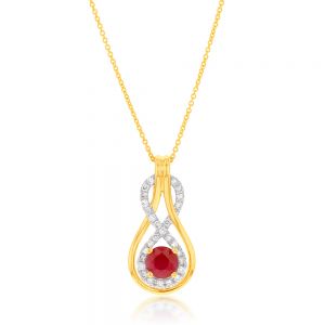 9ct Yellow Gold Natural Ruby 5mm and Diamond 0.22ct Infinity Pendant with 45cm Chain