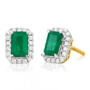 9ct Yellow Gold Natural Emerald 6x4mm and 1/5 Carat Diamond Stud Earrings