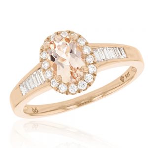 Morganite & Round Baguette Diamond Halo Ring in 9ct Rose Gold