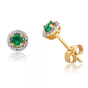 9ct Yellow Gold 3mm Created Emerald and Diamond Halo Studs Earrings