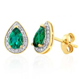 9ct Yellow Gold 6x4mm Created Emerald and Diamond Pear Halo Stud Earrings
