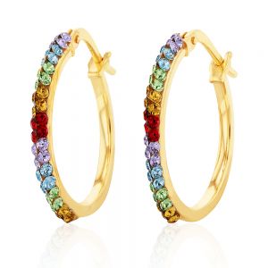 9ct Silverfilled Yellow Gold Rainbow Multi Colour Crystal 15mm Hoop Earrings
