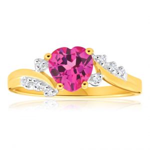 9ct Yellow Gold Created Pink Sapphire Heart and  Diamond Ring