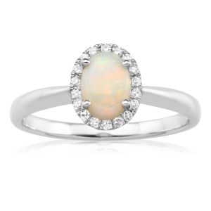 9ct Natural White Opal 7x5mm and Diamond Halo Ring
