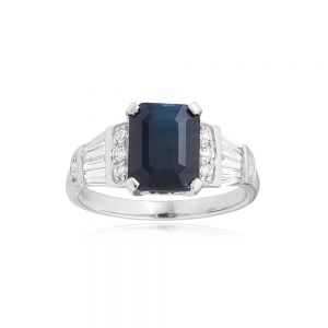 18ct White Gold Natural Black Sapphire 3.00ct Emerald Cut Ring with 0.50ct Diamonds