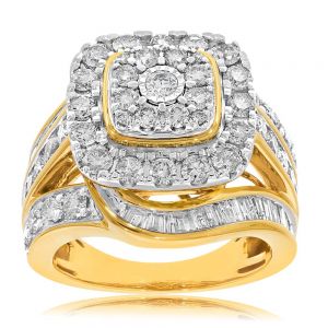 9ct Yellow Gold 3 Carat Diamond Ring with Brilliant and Taperd Baguette Diamonds