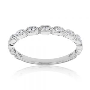 Memoire 18ct White Gold Vintage Round and Flat Hexagon Stack Ring with 18 Diamonds