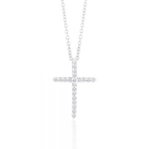 Memoire 18ct White Gold 1/5 Carat Diamond Single Prong Cross Pendant on 45cm Chain