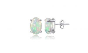 Sterling Silver 7x5mm Simulated Opal Oval Stud Earrings