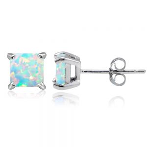 Sterling Silver 6mm Simulated Opal Square Stud Earrings