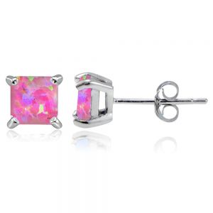Sterling Silver 6mm Simulated Pink Opal Square Stud Earrings