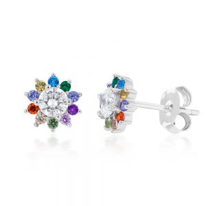 Sterling Silver Rainbow Multicoloured Crystal Flower Stud Earrings