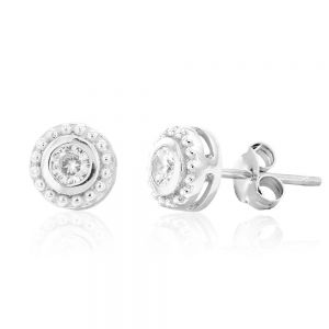 Sterling Silver Rhodium Plated White Cubic Zirconia Halo Stud Earrings