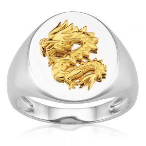 Sterling Silver Gold Plated Dragon Gents Signet Ring