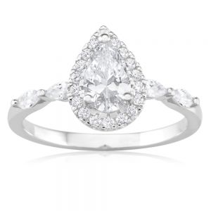 Sterling Silver Rhodium Plated Cubic Zirconia Pear Halo Ring with Marquise Band